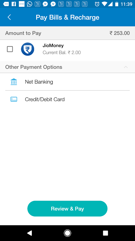 Jio Money app payment options.